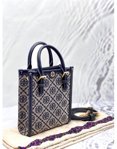 (LIKE NEW) TORY BURCH T MONOGRAM BLUE JACQUARD MINI TOTE BAG  