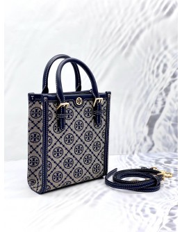 (LIKE NEW) TORY BURCH T MONOGRAM BLUE JACQUARD MINI TOTE BAG  