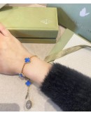 (BRAND NEW) 2024 VCA VAN CLEEF & ARPELS VINTAGE ALHAMBRA BRACELET 5 MOTIFS 18K 750 YELLOW GOLD AND BLUE AGATE -FULL SET-