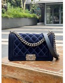 CHANEL STITCHED NAVY BLUE QUILTED VELVET LEATHER BOY FLAP CHAIN BAG 