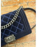 CHANEL STITCHED NAVY BLUE QUILTED VELVET LEATHER BOY FLAP CHAIN BAG 