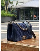 CHANEL STITCHED NAVY BLUE QUILTED VELVET LEATHER BOY FLAP CHAIN BAG 