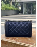 CHANEL STITCHED NAVY BLUE QUILTED VELVET LEATHER BOY FLAP CHAIN BAG 