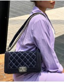 CHANEL STITCHED NAVY BLUE QUILTED VELVET LEATHER BOY FLAP CHAIN BAG 