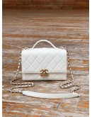 2022 MICROCHIP CHANEL HANDLE FLAP CHAIN BAG GOLD WITH WHITE LAMBSKIN LEATHER 