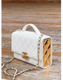 2022 MICROCHIP CHANEL HANDLE FLAP CHAIN BAG GOLD WITH WHITE LAMBSKIN LEATHER 