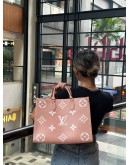 LOUIS VUITTON ON THE GO MM BICOLOR BEIGE / PINK MONOGRAM EMPREINTE LEATHER TOTE BAG 