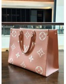 LOUIS VUITTON ON THE GO MM BICOLOR BEIGE / PINK MONOGRAM EMPREINTE LEATHER TOTE BAG 