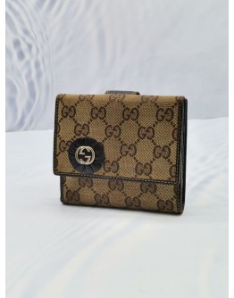 GUCCI GG BEIGE / EBONY FABRIC & LEATHER COMPACT TROPHY WALLET 