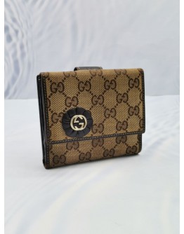 GUCCI GG BEIGE / EBONY FABRIC & LEATHER COMPACT TROPHY WALLET 