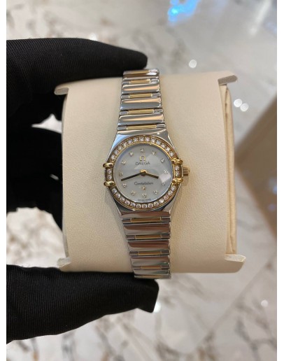 (LIKE NEW) 2007 OMEGA CONSTELLATION LADY HALF 18K 750 YELLOW GOLD DIAMOND DIAL DIAMOND BEZEL 25MM QUARTZ WATCH