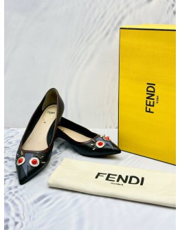 FENDI STUDDED FLAT SHOES IN BLACK CALF LEATHER SIZE 38.5 -FULL SET-