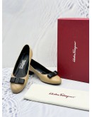 SALVATORE FERRAGAMO VARA BOW FLAT SHOES IN BEIGE BLACK CALF LEATHER SIZE 8.5US -FULL SET-