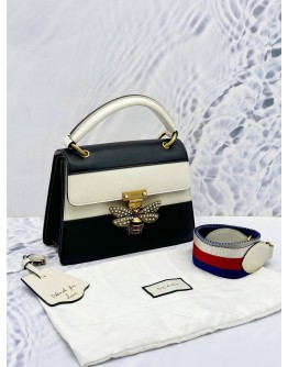 GUCCI QUEEN MARGARET TOP HANDLE BAG WITH STRAP IN BLACK AND WHITE CALF LEATHER