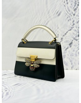 GUCCI QUEEN MARGARET TOP HANDLE BAG WITH STRAP IN BLACK AND WHITE CALF LEATHER