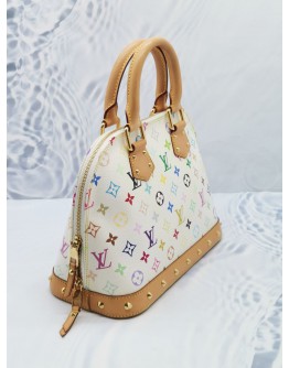 LOUIS VUITTON X MURIKAMI ALMA MM IN WHITE MONOGRAM MULTICOLOR CANVAS HANDLE BAG WITH GOLD STUD