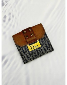 CHRISTIAN DIOR VINTAGE TROTTER COMPACT WALLET IN BLUE DIOR OBLIQUE JACQUARD CANVAS AND BROWN CALF LEATHER