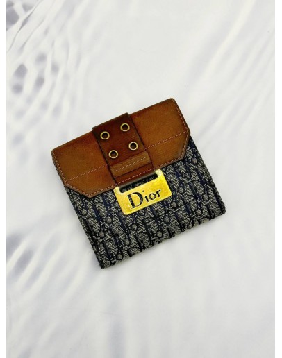 CHRISTIAN DIOR VINTAGE TROTTER COMPACT WALLET IN BLUE DIOR OBLIQUE JACQUARD CANVAS AND BROWN CALF LEATHER