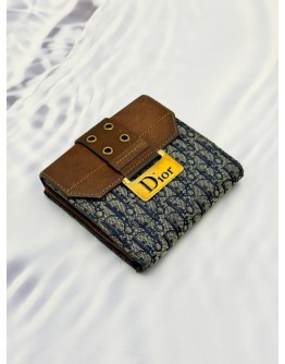 CHRISTIAN DIOR VINTAGE TROTTER COMPACT WALLET IN BLUE DIOR OBLIQUE JACQUARD CANVAS AND BROWN CALF LEATHER