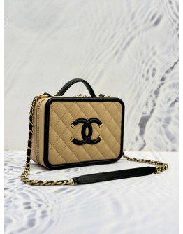 (LIKE NEW) CHANEL CC FILIGREE VANITY CASE MEDIUM IN BEIGE CAVIAR LEATHER AND BLACK CALF LEATHER