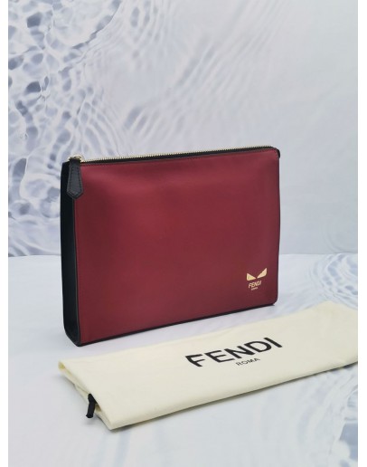 FENDI BUG EYE MOTIF CLUTCH IN RED CALFSKIN LEATHER