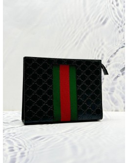 (LIKE NEW) GUCCI WEB CLUTCH IN BLACK GG EMBOSSED CALFSKIN LEATHER