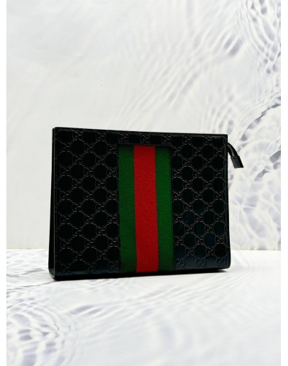 (LIKE NEW) GUCCI WEB CLUTCH IN BLACK GG EMBOSSED CALFSKIN LEATHER