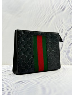 (LIKE NEW) GUCCI WEB CLUTCH IN BLACK GG EMBOSSED CALFSKIN LEATHER