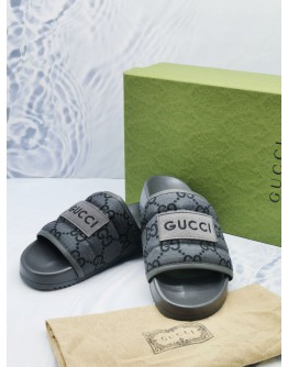 (LIKE NEW) 2024 GUCCI MEN'S SLIDE SANDAL IN GREY LEATHER TRIM AND RUBBER SOLE SIZE 9 -FULL SET-