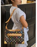 LOUIS VUITTON x TAKASHI MURAKAMI BOULOGNE SHOULDER BAG IN BLACK MONOGRAM MULTICOLOR CANVAS AND BROWN LEATHER