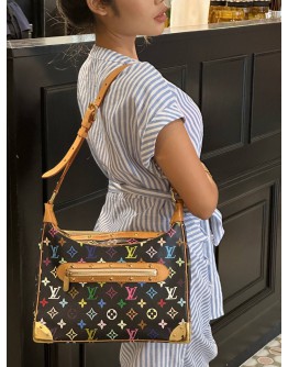 LOUIS VUITTON x TAKASHI MURAKAMI BOULOGNE SHOULDER BAG IN BLACK MONOGRAM MULTICOLOR CANVAS AND BROWN LEATHER