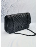 (LIKE NEW) 2020 CHANEL REISSUE 2.55 BLACK CHEVRON QUILTED CALFSKIN LEATHER DOUBLE FLAP BAG WITH MULTICOLOR BLACK CHAIN HARDWARE 