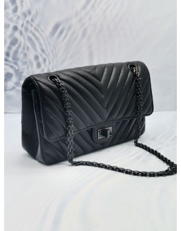 (LIKE NEW) 2020 CHANEL REISSUE 2.55 BLACK CHEVRON QUILTED CALFSKIN LEATHER DOUBLE FLAP BAG WITH MULTICOLOR BLACK CHAIN HARDWARE 