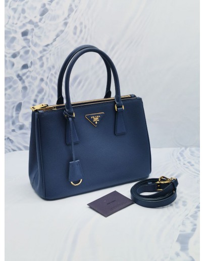 (LIKE NEW) PRADA SMALL GALLERIA HANDLE BAG IN BLUE SAFFIANO LEATHER WITH DOUBLE ZIP AND ADJUSTABLE STRAP