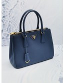 (LIKE NEW) PRADA SMALL GALLERIA HANDLE BAG IN BLUE SAFFIANO LEATHER WITH DOUBLE ZIP AND ADJUSTABLE STRAP