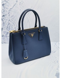 (LIKE NEW) PRADA SMALL GALLERIA HANDLE BAG IN BLUE SAFFIANO LEATHER WITH DOUBLE ZIP AND ADJUSTABLE STRAP