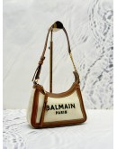 BALMAIN PARIS B-ARMY SHOULDER BAG IN CANVAS OFF WHITE AND BROWN CALF LEATHER