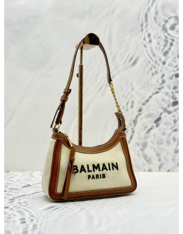 BALMAIN PARIS B-ARMY SHOULDER BAG IN CANVAS OFF WHITE AND BROWN CALF LEATHER