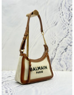 BALMAIN PARIS B-ARMY SHOULDER BAG IN CANVAS OFF WHITE AND BROWN CALF LEATHER