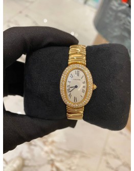 (LIKE NEW) 2013 CARTIER BAIGNOIRE BATHTUB FACTORY DIAMOND FULL 18K 750 YELLOW GOLD 31MM QUARTZ WATCH -FULL SET-