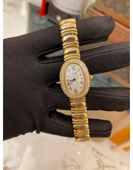 (LIKE NEW) 2013 CARTIER BAIGNOIRE BATHTUB FACTORY DIAMOND FULL 18K 750 YELLOW GOLD 31MM QUARTZ WATCH -FULL SET-