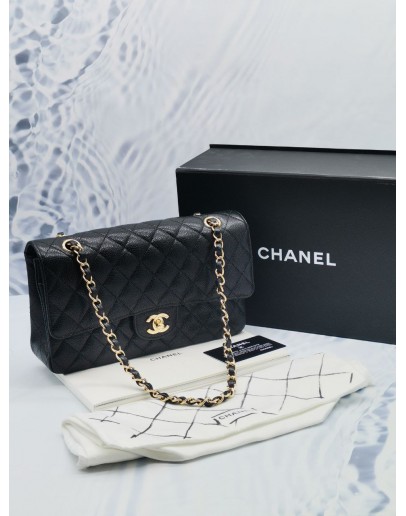 (UNUSED) 2021 CHANEL CLASSIC MEDIUM DOUBLE FLAP BAG IN BLACK CAVIAR LEATHER IN GOLD HARDWARE -FULL SET-