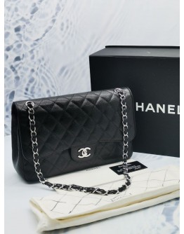 CHANEL CLASSIC JUMBO CAVIAR LEATHER DOUBLE FLAP BAG IN BLACK WITH SILVER HARDWARE -FULL SET-