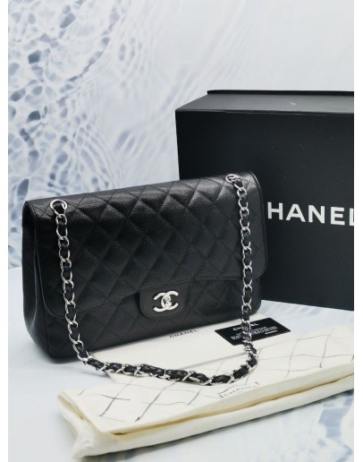 CHANEL CLASSIC JUMBO CAVIAR LEATHER DOUBLE FLAP BAG IN BLACK WITH SILVER HARDWARE -FULL SET-