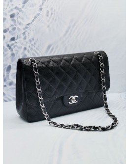 CHANEL CLASSIC JUMBO CAVIAR LEATHER DOUBLE FLAP BAG IN BLACK WITH SILVER HARDWARE -FULL SET-