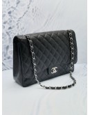 CHANEL CLASSIC MAXI BLACK CAVIAR LEATHER DOUBLE FLAP BAG WITH CHAIN SILVER HARDWARE -FULL SET-