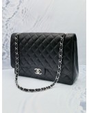 CHANEL CLASSIC MAXI BLACK CAVIAR LEATHER DOUBLE FLAP BAG WITH CHAIN SILVER HARDWARE -FULL SET-