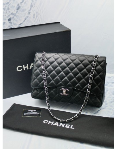 CHANEL CLASSIC MAXI BLACK CAVIAR LEATHER DOUBLE FLAP BAG WITH CHAIN SILVER HARDWARE -FULL SET-