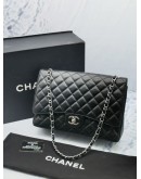 CHANEL CLASSIC MAXI BLACK CAVIAR LEATHER DOUBLE FLAP BAG WITH CHAIN SILVER HARDWARE -FULL SET-