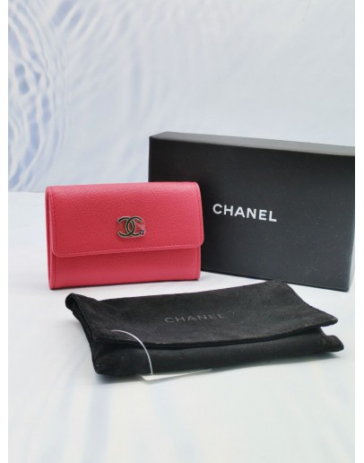 (UNUSED) CHANEL CORAL CALFSKIN LEATHER CC CAMELLIA O-CARD HOLDER 